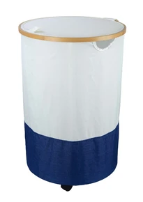 סל כביסה מתקפל עם גלגלים 100 ל'' עגול לבן/כחול SPACE